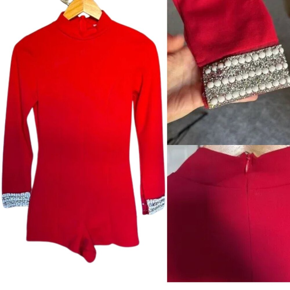 Boutique Holiday Party Romper, made in USA by Cherry Mellow, sz S, pearl and 💎